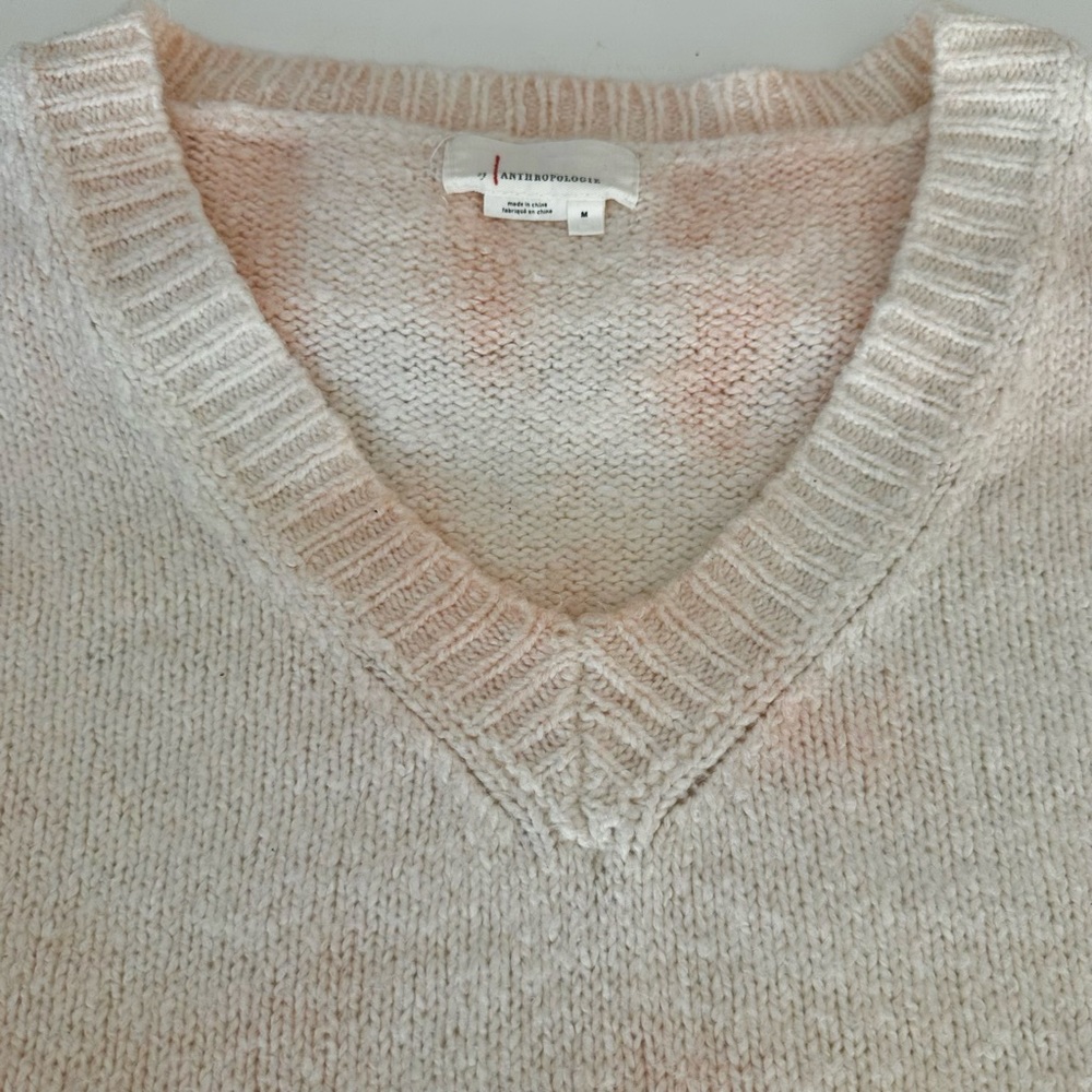 Anthropologie Maggie Bell-Sleeved V-Neck Wool Oversized Sweater, Cream & Pink M - Picture 7 of 9